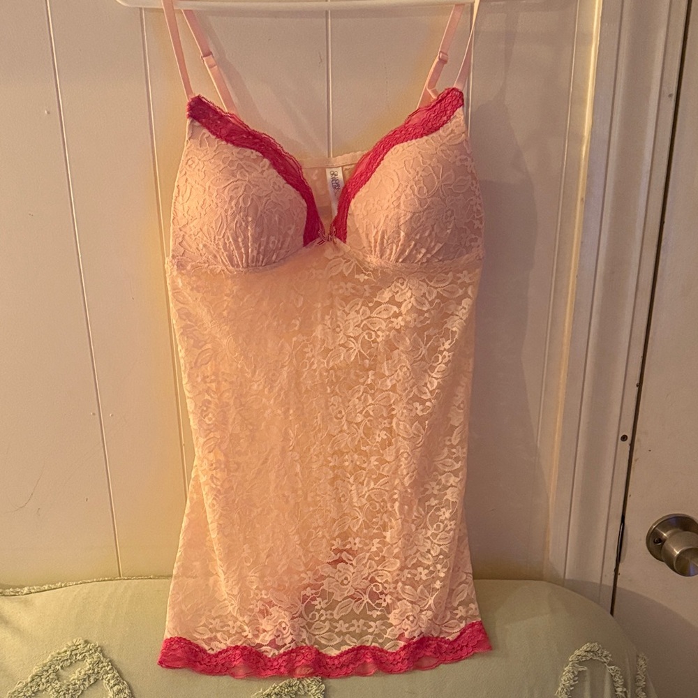 Gilligan & O'Malley Blush Lace Chemise with Hot Pink Trim